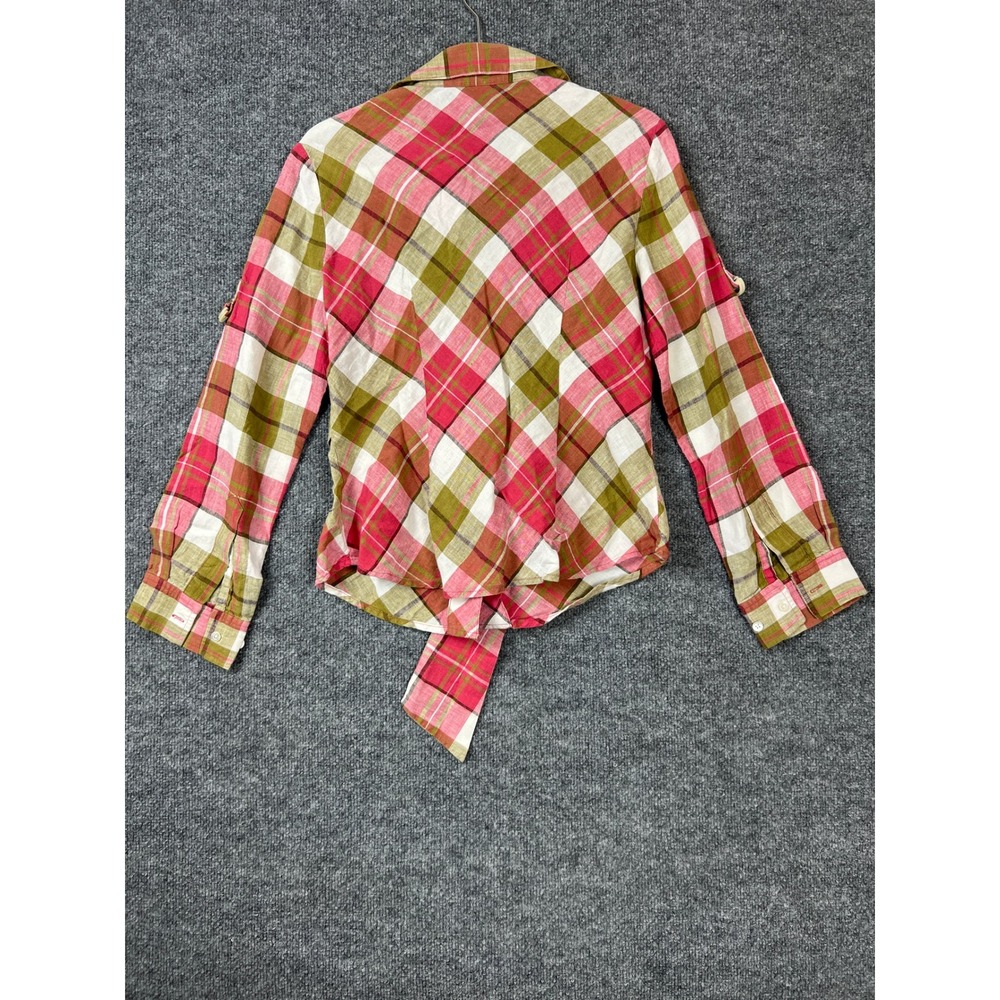 Jones New York Signature Womens Blouse Sz Small Pink Plaid Tie Front Linen Shirt - Picture 7 of 10